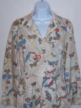 Vintage Serbin of Florida Ecru Blue Tropical Birds Butterflies Quilted Maxi Med.